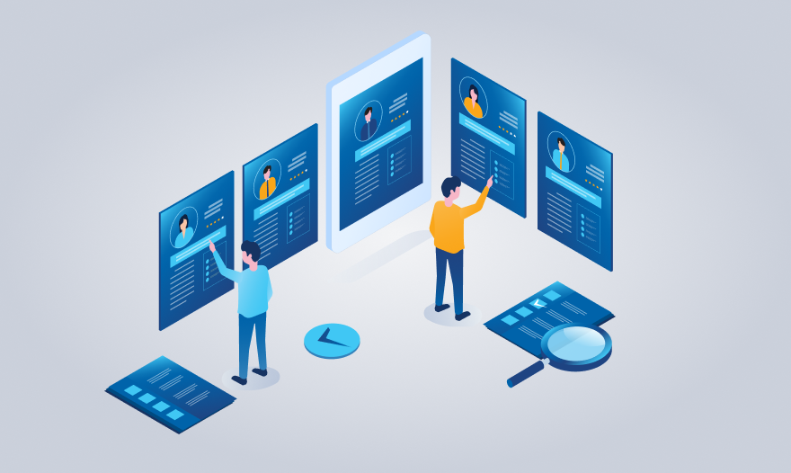 Isometric illustration of people examining a smartphone with a magnifying glass, highlighting details on the screen.