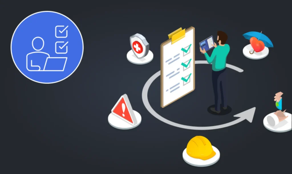 A person stands before a checklist surrounded by various icons, indicating tasks or items to be completed.