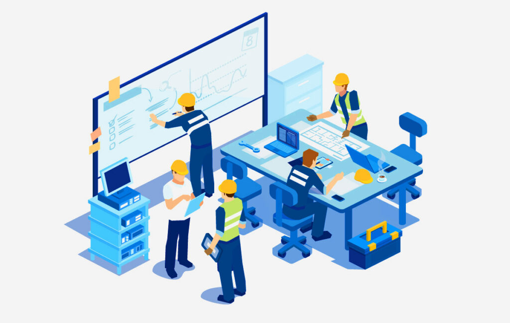 Isometric illustration of construction workers collaborating on a building project with tools and equipment visible.