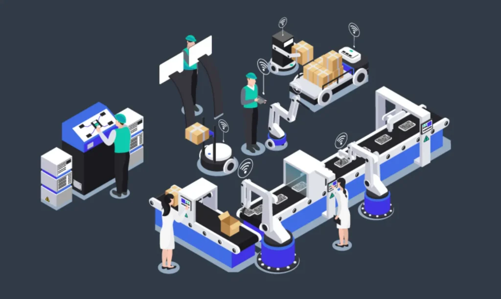 A robot assembling a machine on the factory floor, surrounded by tools and components.