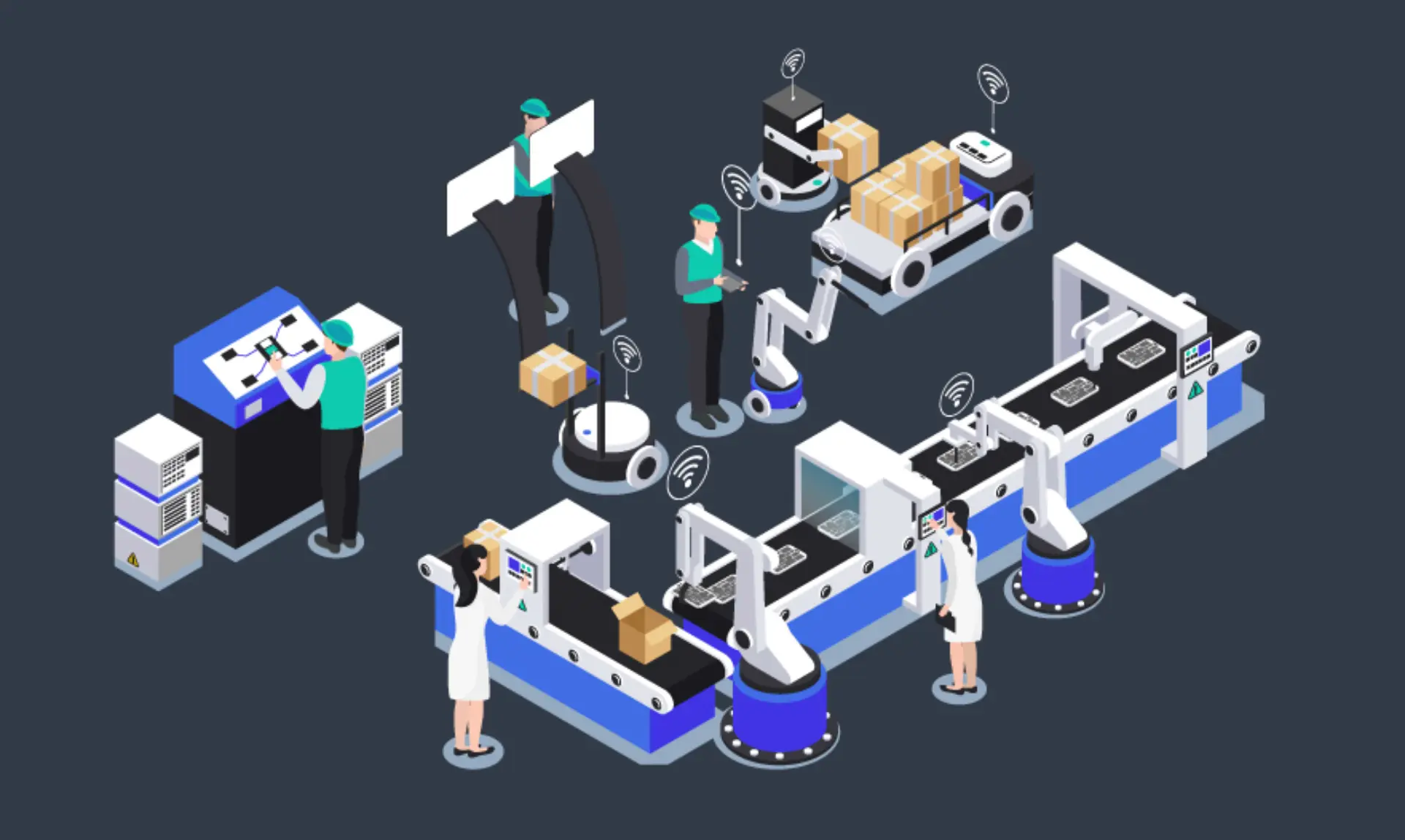 A robot assembling a machine on the factory floor, surrounded by tools and components.