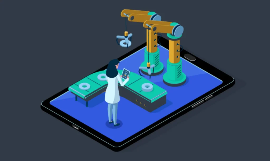 A person stands before a tablet computer, observing a robotic arm positioned nearby.