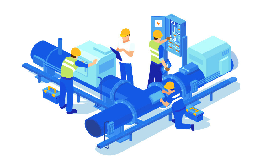 A diverse group of individuals collaborating on a complex machine in a workshop setting.