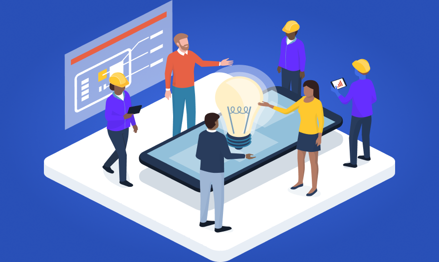 A group of people gathers around a tablet displaying a glowing light bulb symbolizing an idea or innovation.