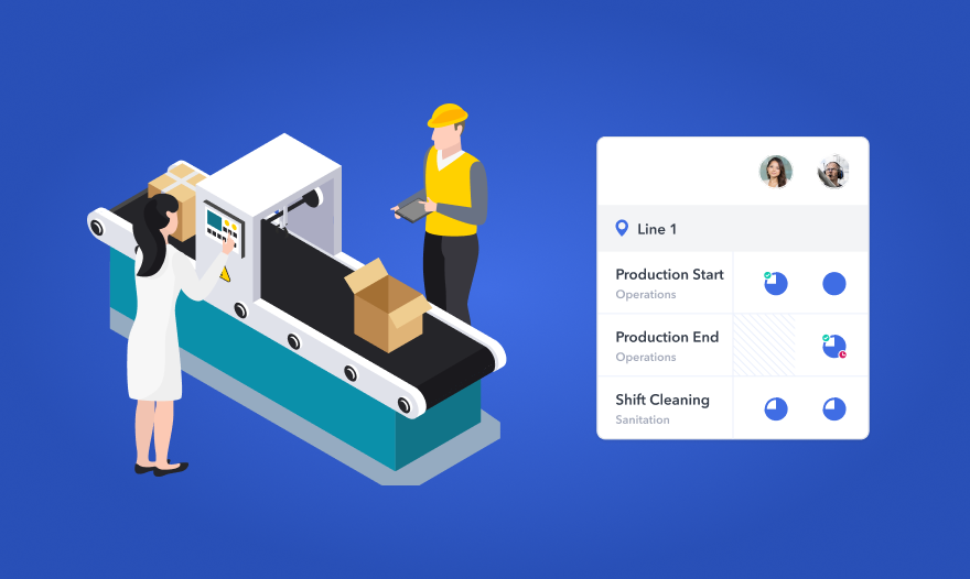 screenshot of poka connected worker platform next to a factory setting.
