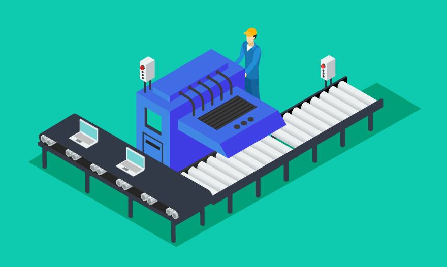 Illustration of a conveyor belt with a machine, showcasing the movement of items along the production line.