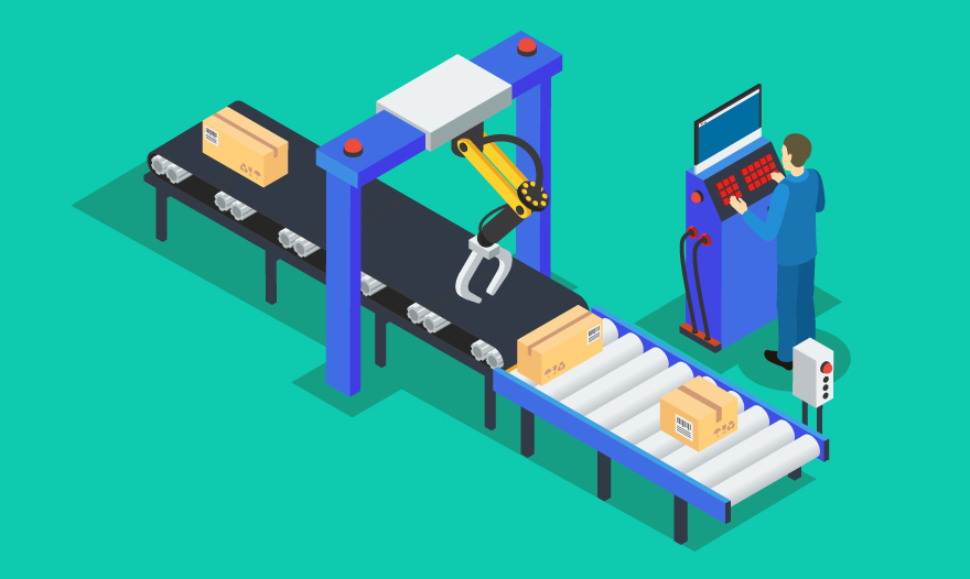 An illustration of a man focused on assembling items on a conveyor belt in a factory setting.