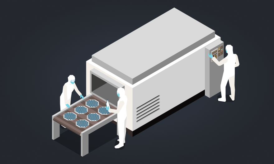 Isometric artwork showing workers performing different roles in a factory environment, highlighting teamwork and productivity.