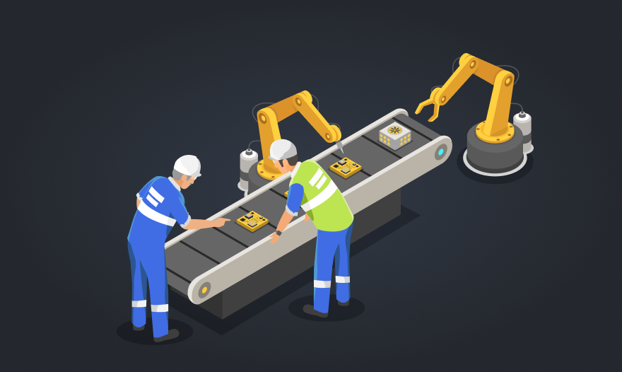 Two men work together on a conveyor belt, handling items as part of their task.