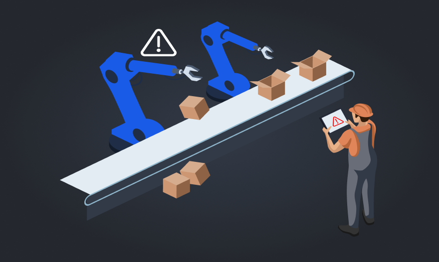 Illustration of a man operating a conveyor belt with robotic arms assisting in the manufacturing process.