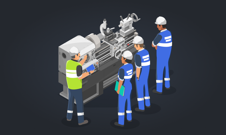 Isometric illustration of workers operating a complex machine in a collaborative industrial setting.