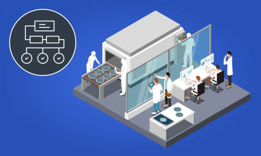 A diverse group of people collaborating in a lab, focused on a computer screen displaying data and research findings.