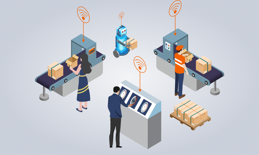 Isometric illustration of diverse people collaborating on a conveyor belt in a factory setting.