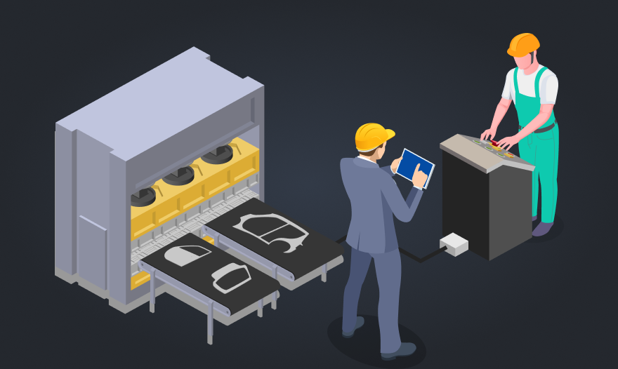 Two people collaborating on a machine in an industrial space, demonstrating teamwork in a technical environment.