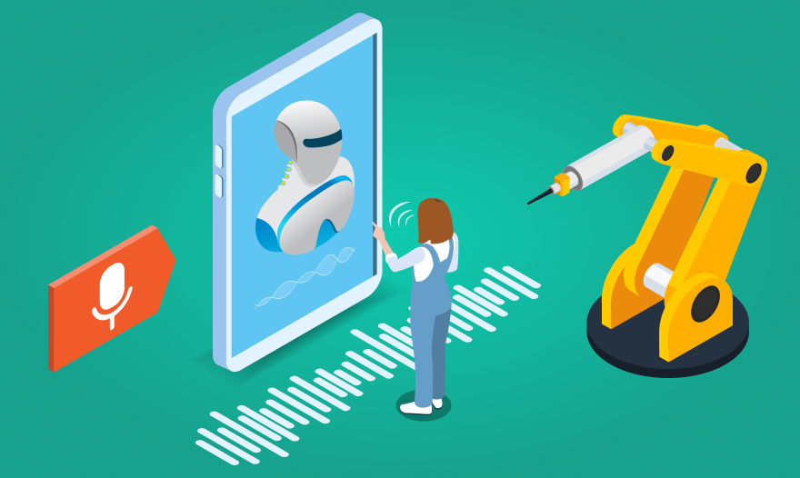 Illustration showing steps to implement voice recognition features in a mobile app interface.