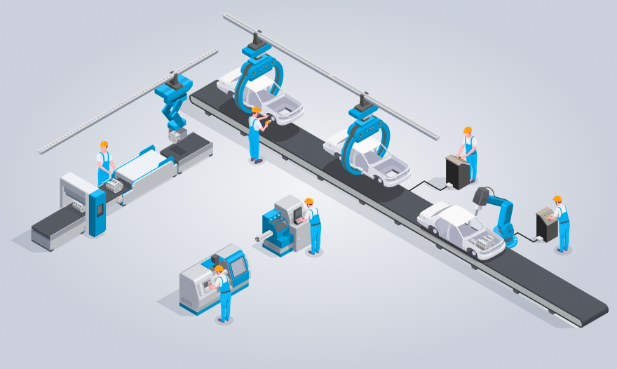 Isometric illustration depicting a detailed production line with machinery and workers engaged in various tasks.