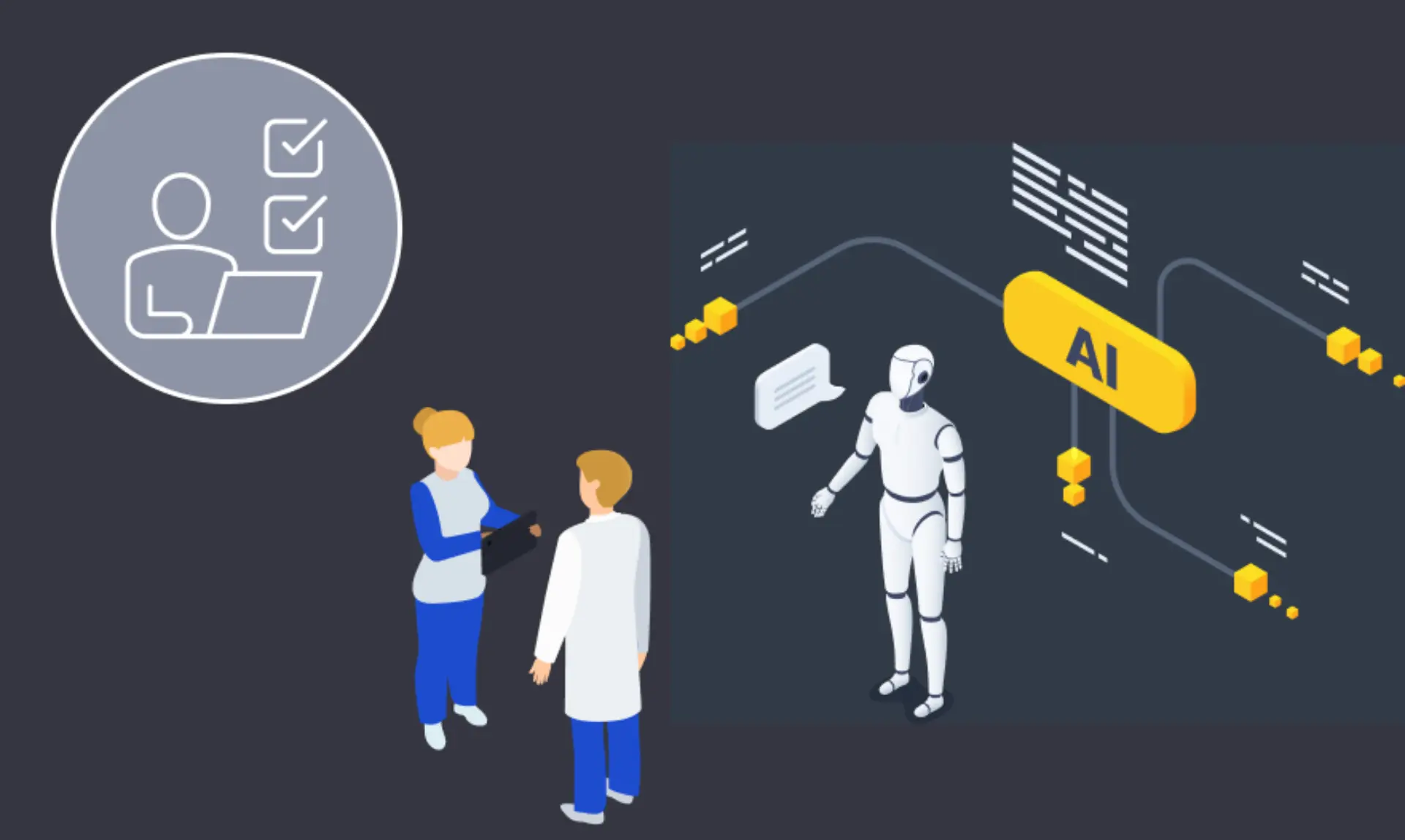 AI chatbot development showcasing technology and innovation in a modern workspace with developers collaborating.