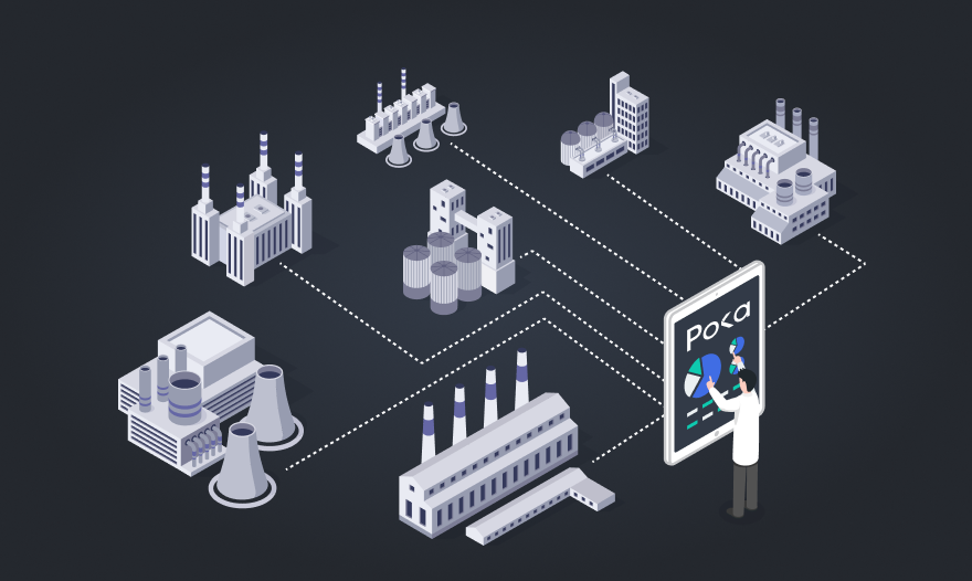 A man stands before a tablet displaying a detailed map of factories, analyzing the layout and locations.