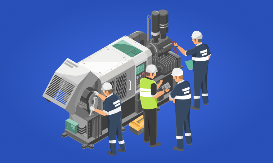A team of workers focused on adjusting and repairing a machine in a manufacturing facility.