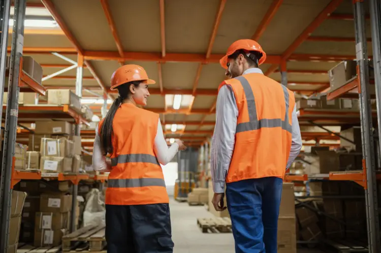 Two workers in orange vests stand in a warehouse, surrounded by shelves and boxes, engaged in a discussion.