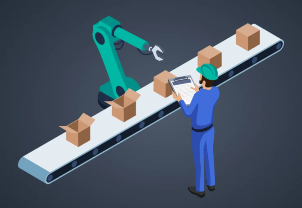 Illustration of a man working on a conveyor belt, sorting and packing boxes in a warehouse setting.