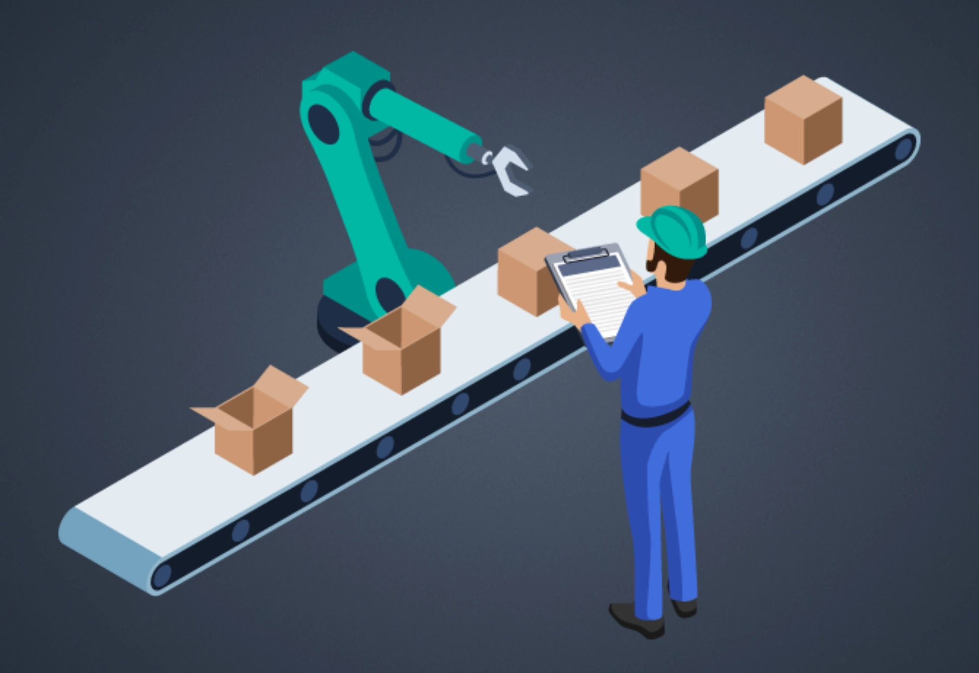 Illustration of a man working on a conveyor belt, sorting and packing boxes in a warehouse setting.