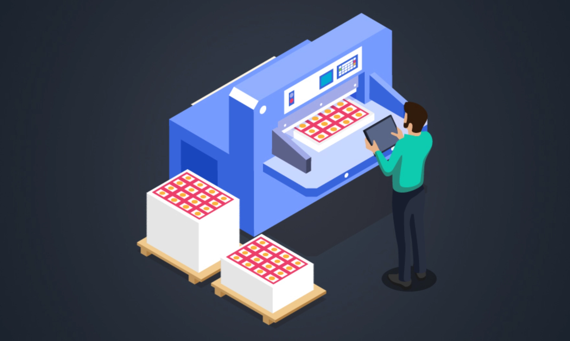A man stands beside a machine that is actively producing a cardboard box.