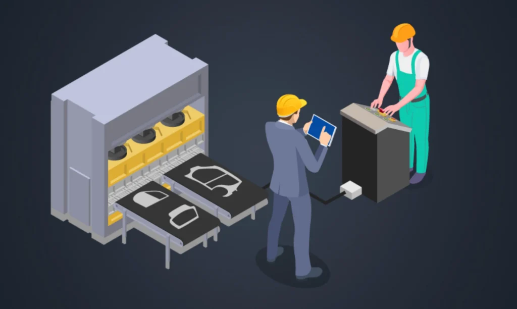 Illustration of two individuals collaborating on a complex machine, focused on their tasks and tools.