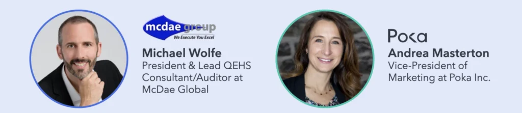 Banner promoting Michael Wolfe - President and Lead QEHS consultant at McDae Global and Andrea Masterton VP of Marketing at Poka