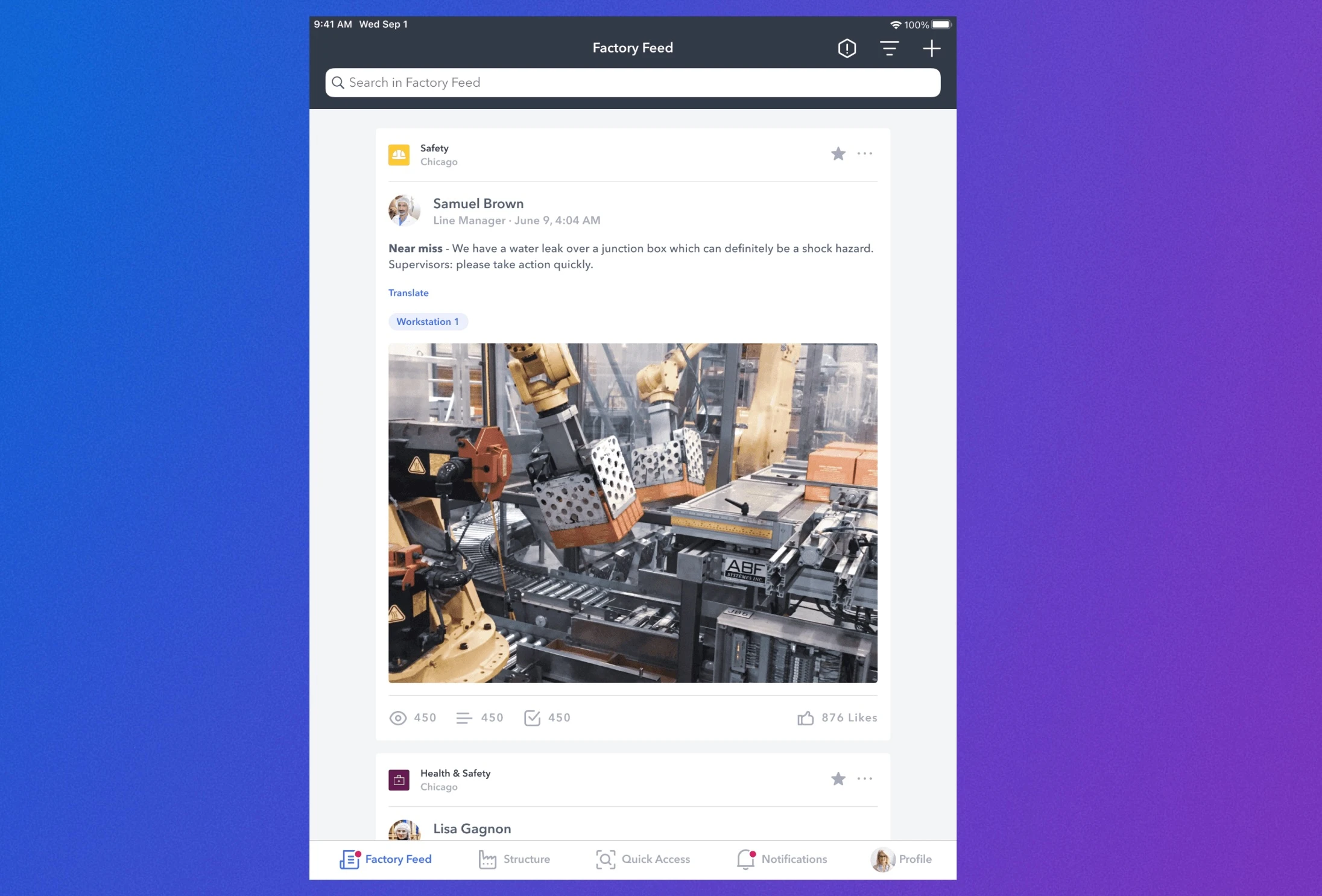03 – Scale safety culture and employee recognition Screenshot of Poka Factory Feed
