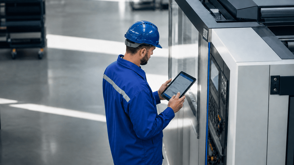 A person wearing blue hard hat standing front of a machine with a mobile tablet in hand