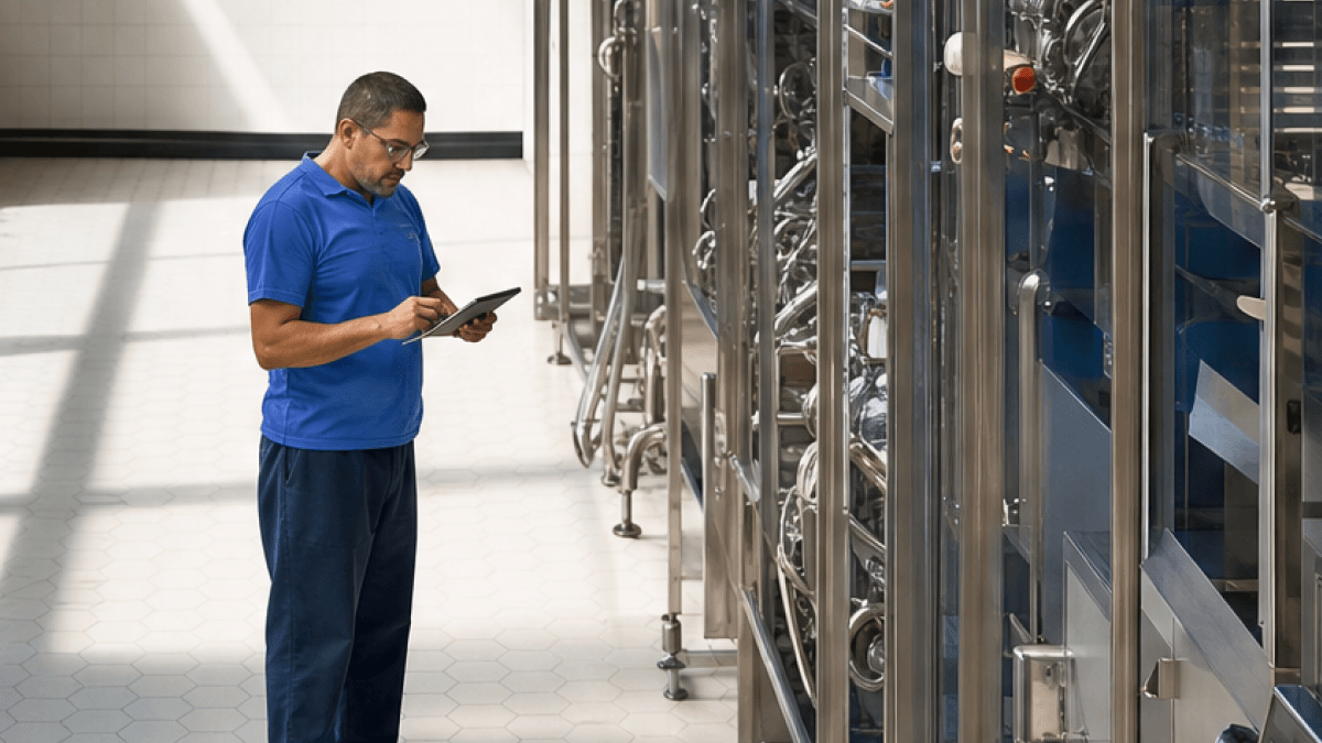 A supervisor standing front of machines and going through digital checklist on an iPad