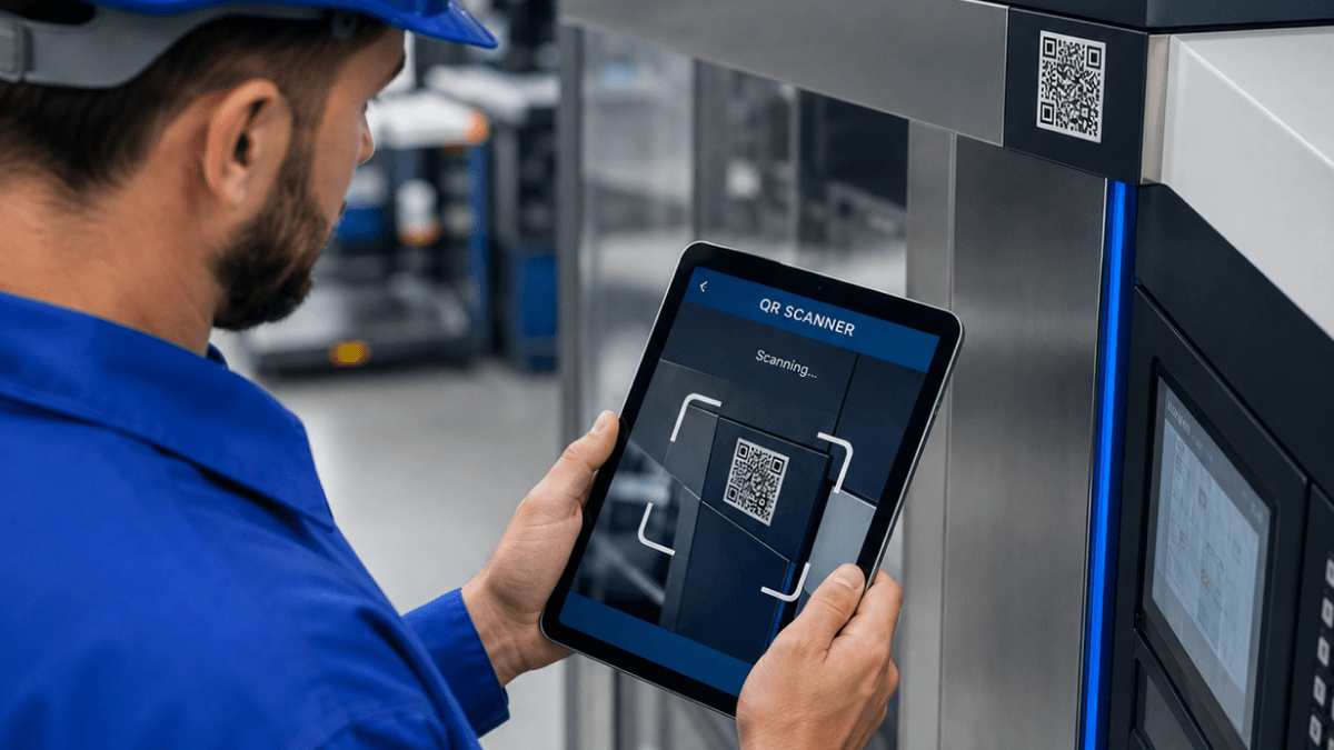 A worker standing with an iPad in front of a screen scanning QR code using Poka QR scanner
