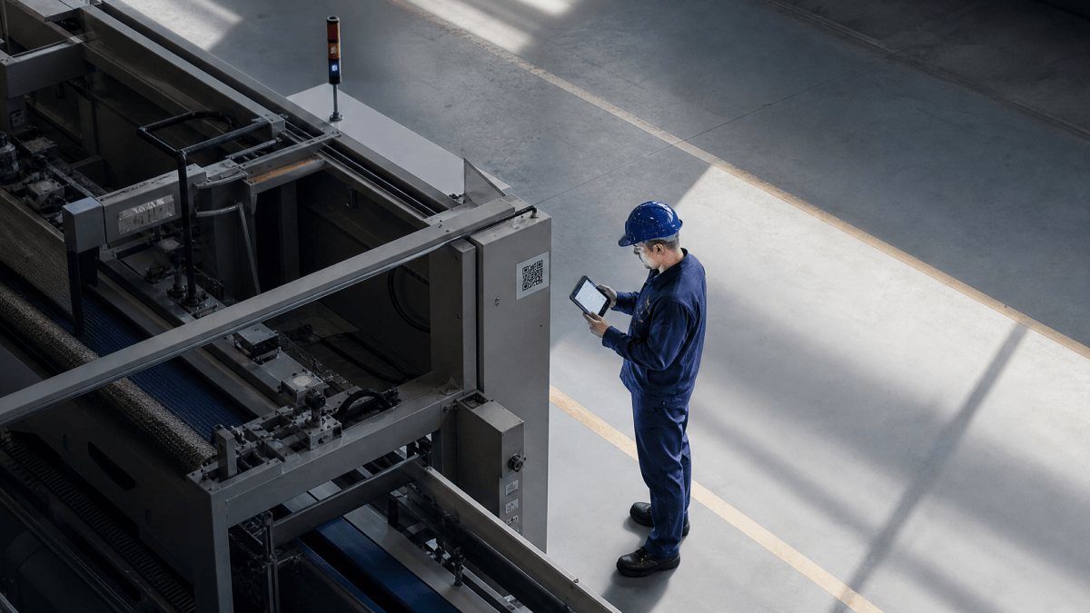 A frontline worker wearing a hard hat standing front of a machine holding an iPad