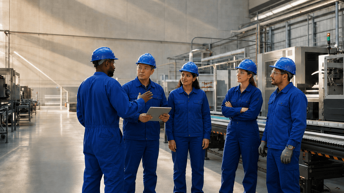 A group of factory workers huddled together in front of a machine