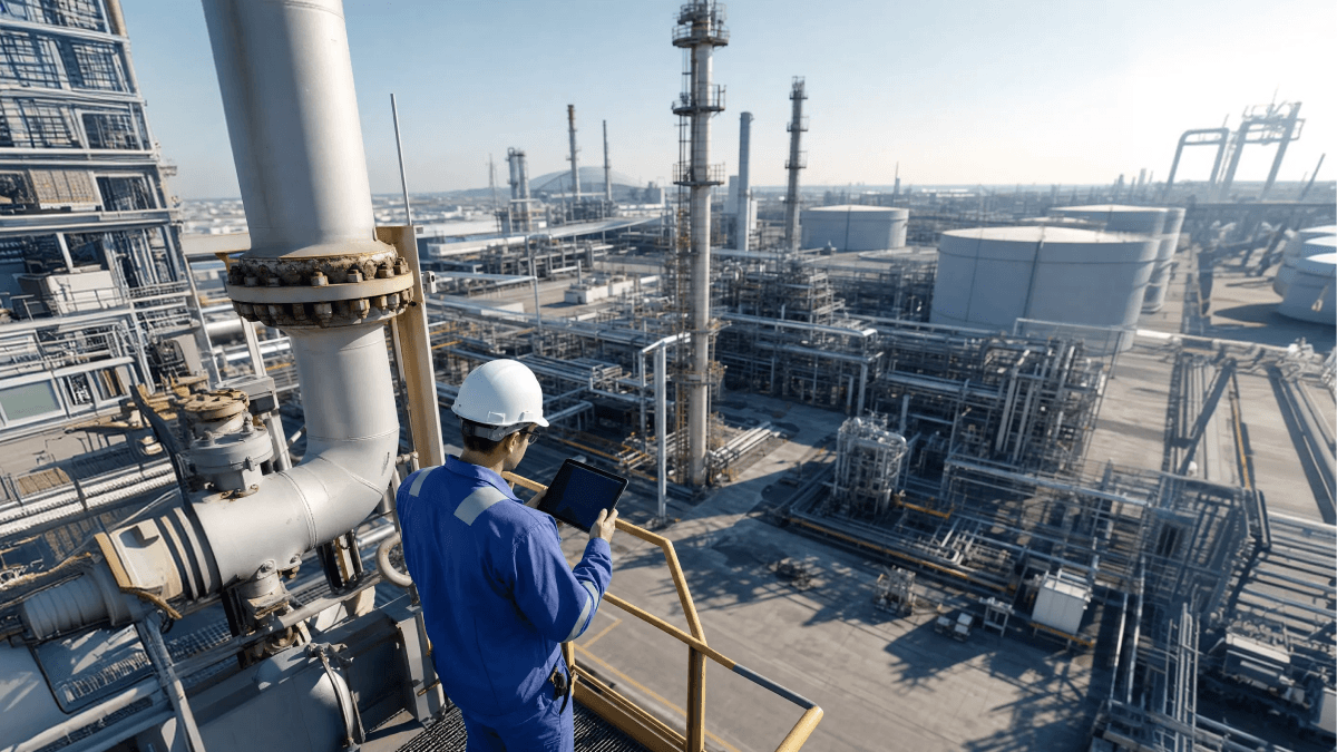Industrial worker using a tablet at an oil refinery.