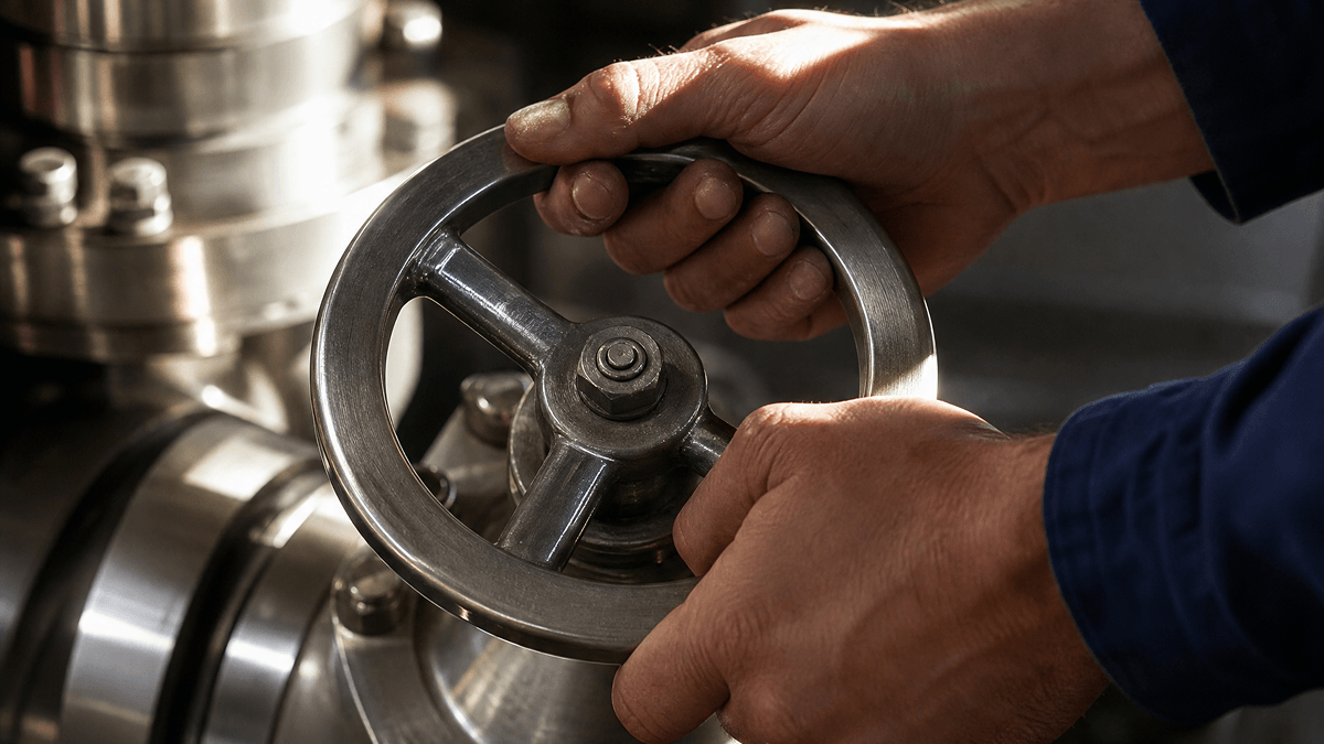Worker turning an industrial valve wheel.