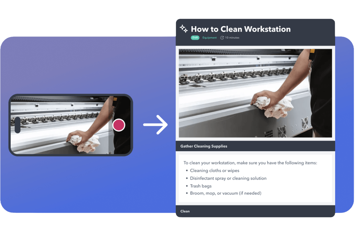 Video recording transformed into digital workstation cleaning instructions.