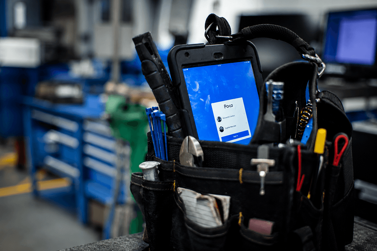 Tablet stored in a technician’s tool bag.