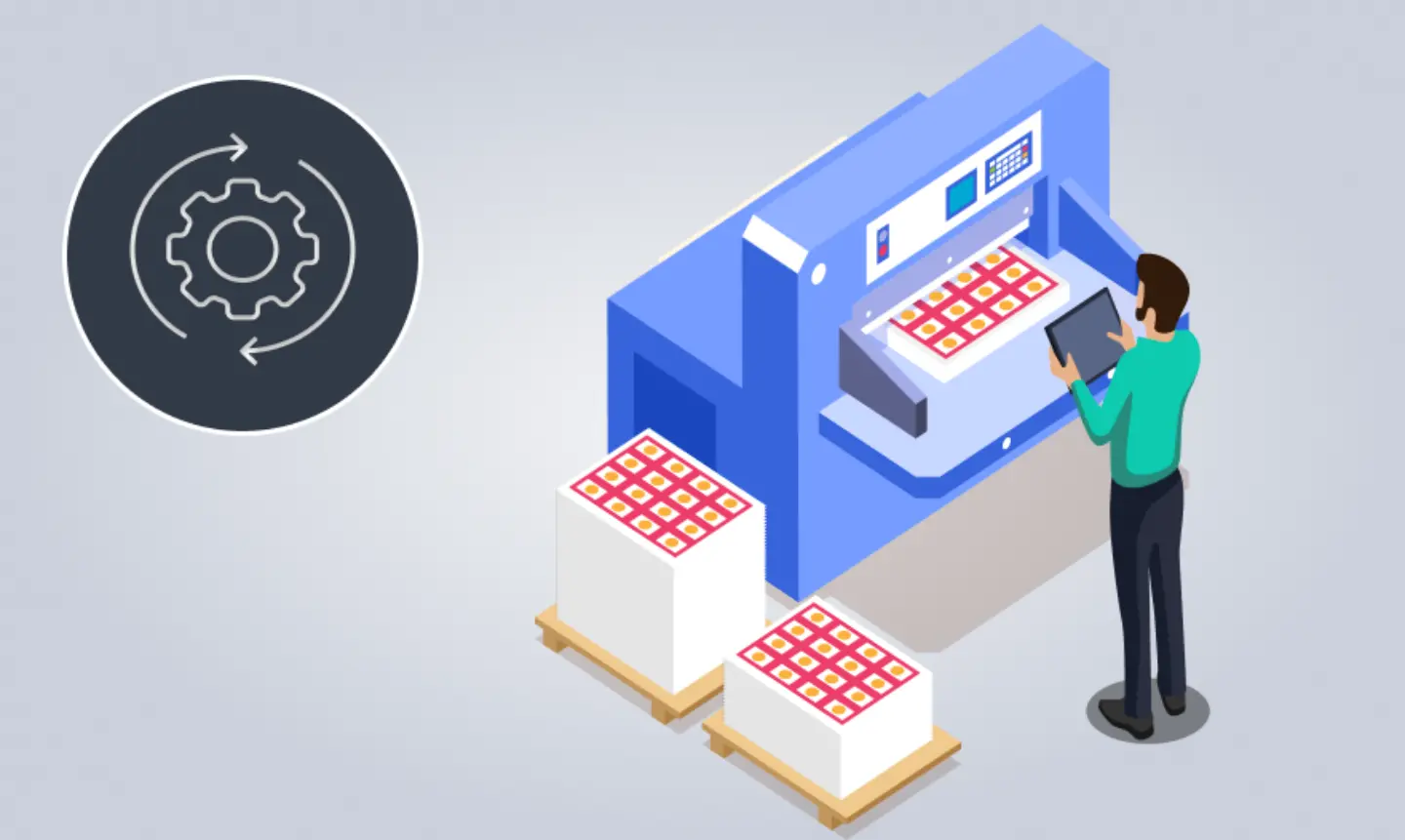 Illustration of worker using a tablet to monitor a production machine.