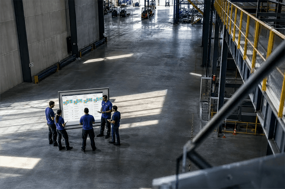 Huddle_Board-AISummaries Factory team reviewing a production dashboard on a digital display.