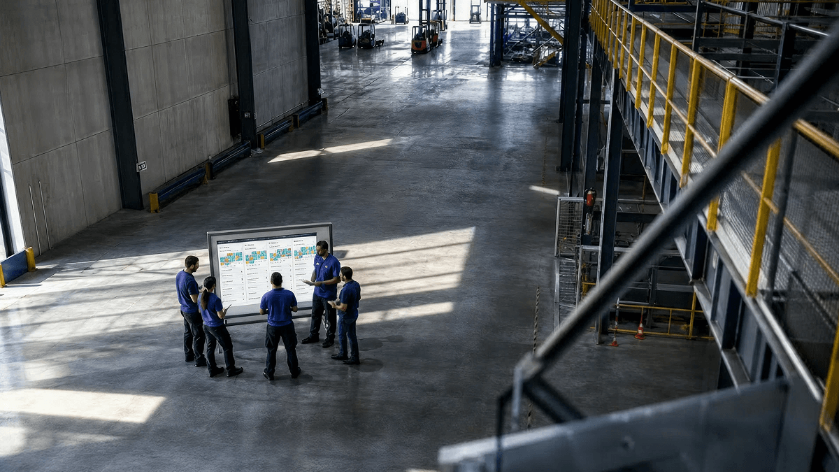 Factory team reviewing a production dashboard on a digital display.