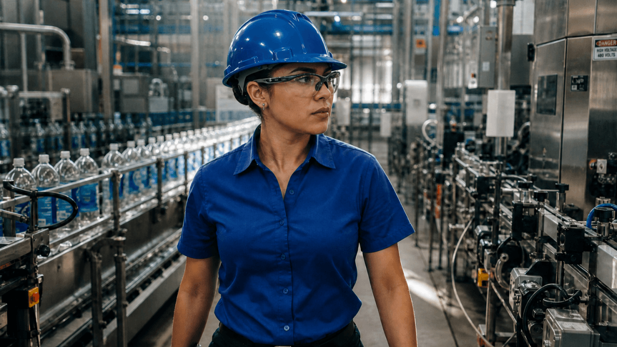A female supervisor wearing a blue hard hat walking down the factory floor