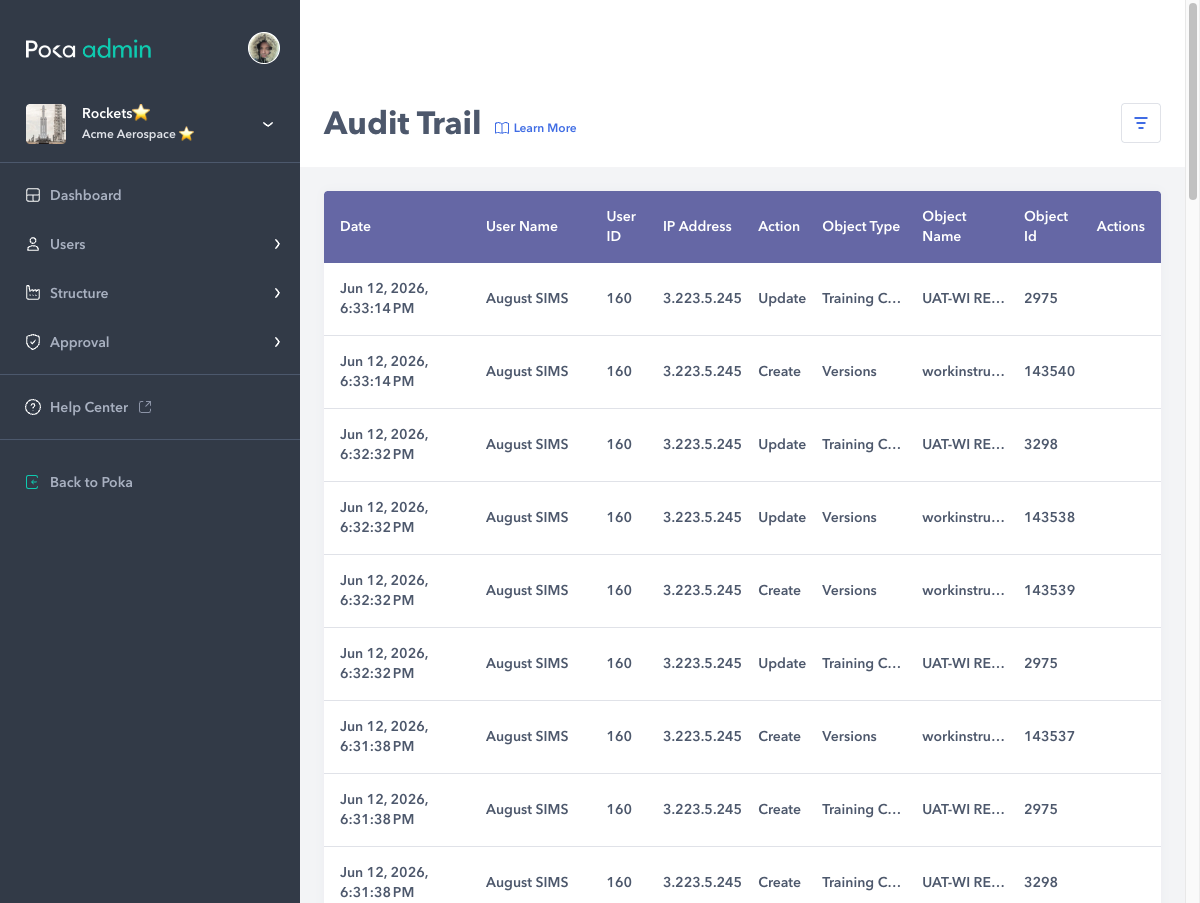 Screenshot of Poka Audit Trail