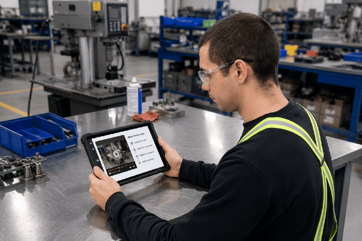 A worker standing front of a metal table going through a training video on an iPad