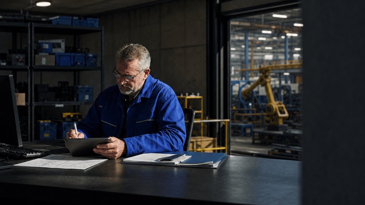 A supervisor sitting at a desk with iPad in hand