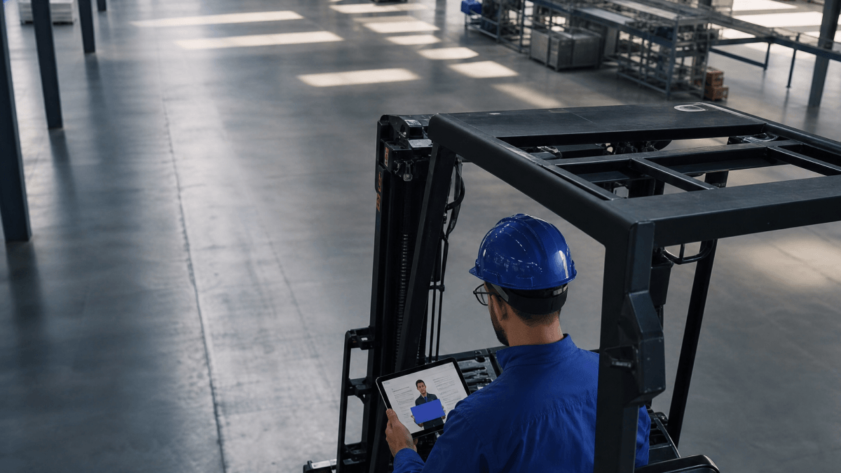 A worker wearing blue hard hat sitting on a forklift viewing instructions on an iPad
