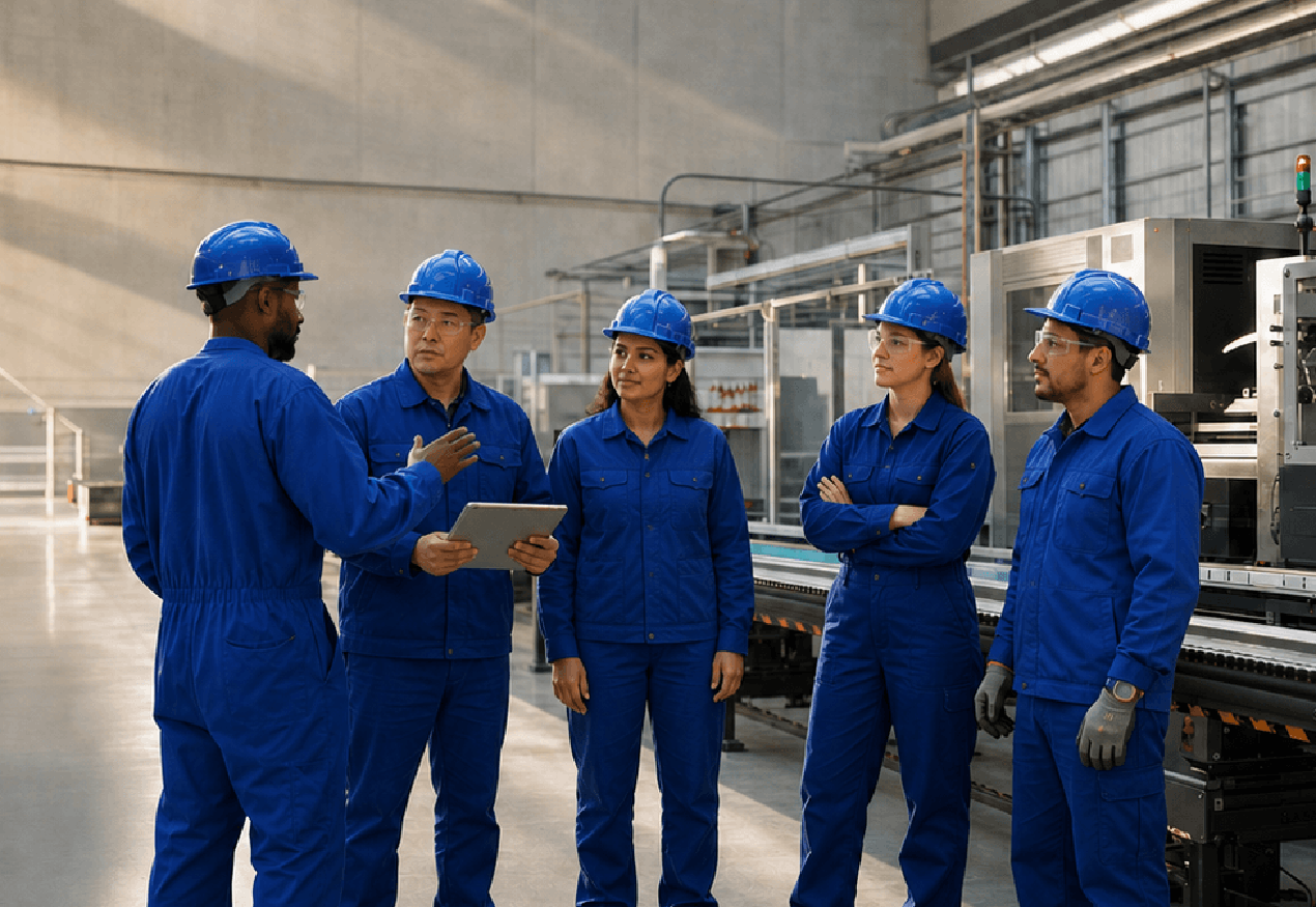 Integration-FrontlineWorkers Factory team discussing operations beside production equipment.