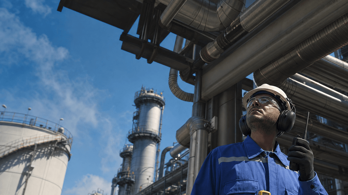 Industrial worker using a radio at a refinery.