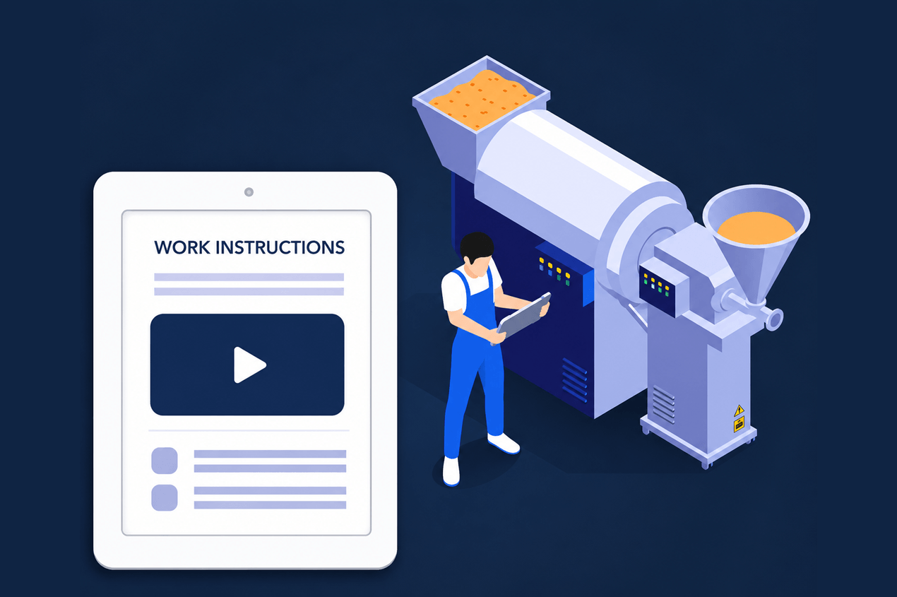 Illustration of worker using digital work instructions beside industrial machinery.